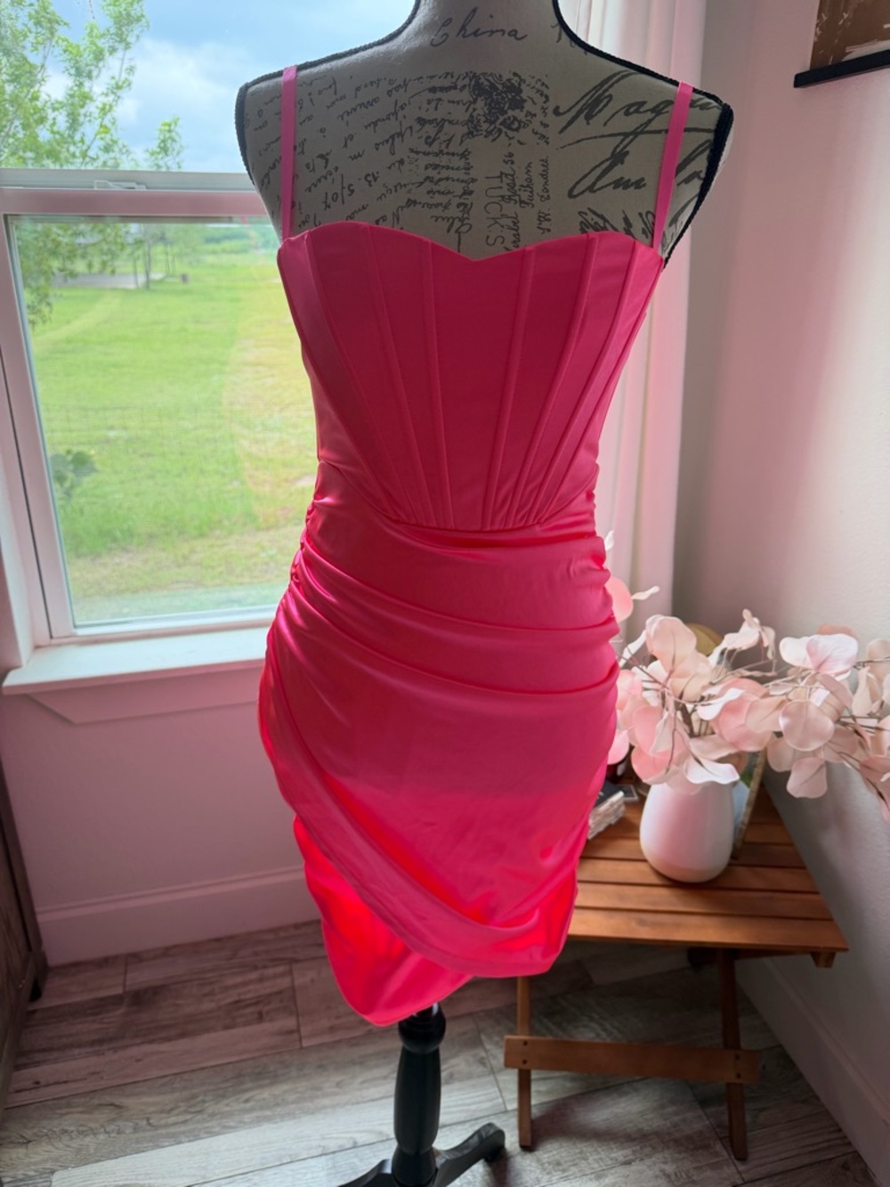 Hot Pink Ruched Mini Dress with Slim Straps